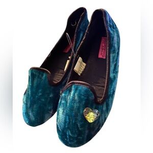 Betsey Johnson Teal Velvet Loafers with Heart Accent